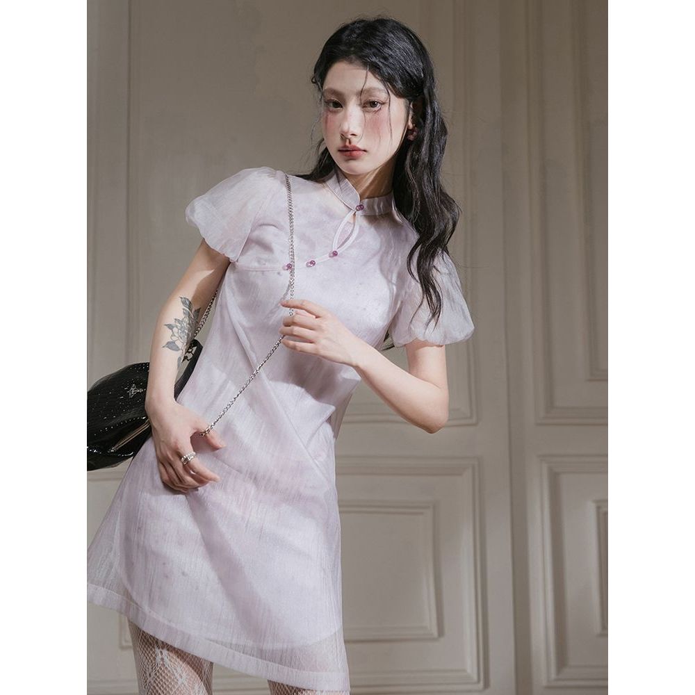 暮山紫远山黛 山茶凌粉 新中式叠穿两件套连衣裙女气质设计感套装