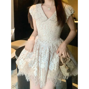 小V娃娃领重工蕾丝裙立体剪裁连衣裙气质淑女新款 孤品蕾丝