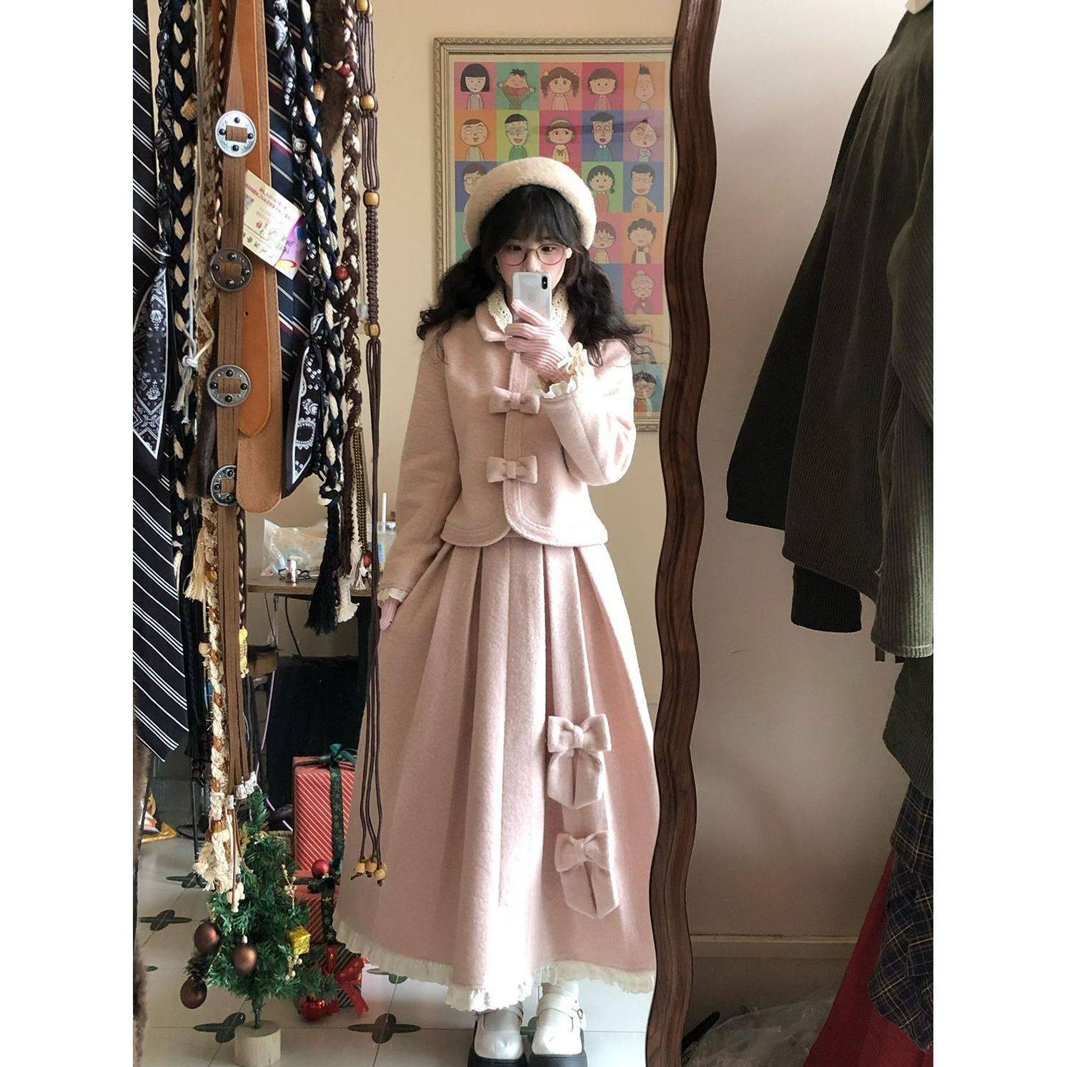 初樱物语 粉色甜美蝴蝶结毛呢上衣+百褶木耳边半身裙两件套装冬,女装/女士精品,时尚套装,淘宝优惠券,粉丝福利购,淘宝优惠卷