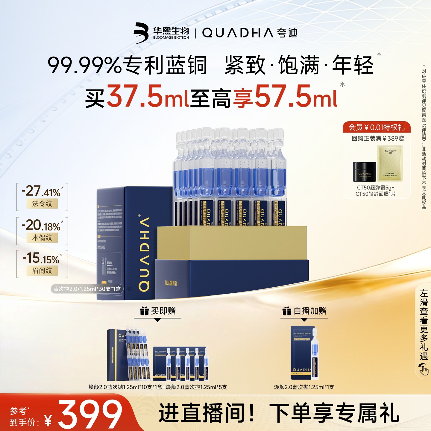 【立即抢购】华熙生物夸迪焕颜2.0蓝次抛精华液蓝铜胜肽抗皱修护