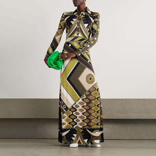 复古波西米亚风东南亚热销款几何撞色长裙2026春季翻领连衣裙长袖