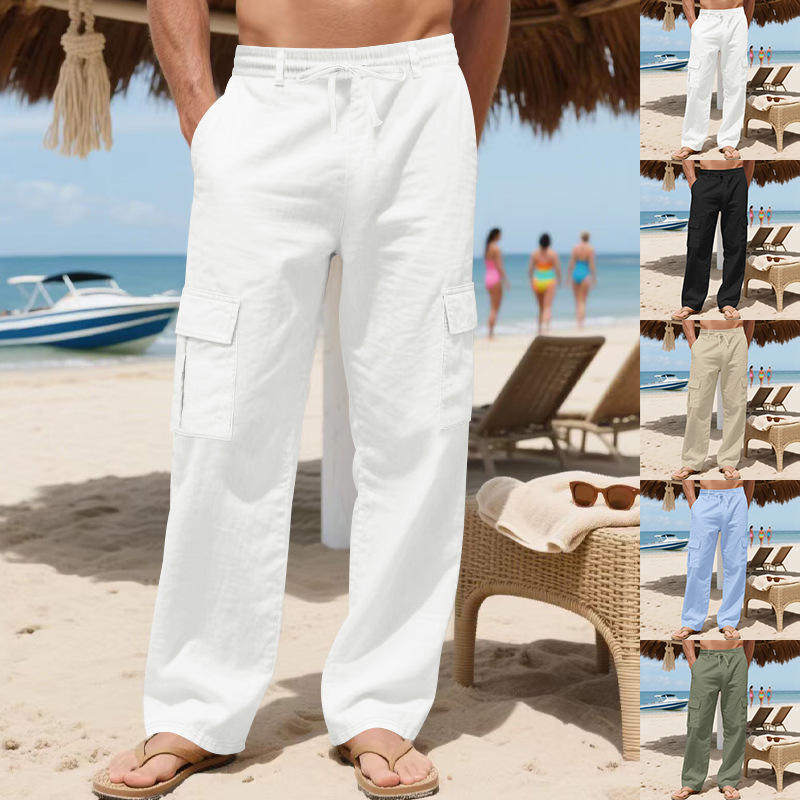 男士工装亚麻抽绳多口袋直筒纯色透气户外沙滩休闲长裤男休闲裤