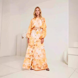 印花上衣配单排扣长裙套装 圆领灯笼袖 女 欧美外贸跨境2024春季 新款