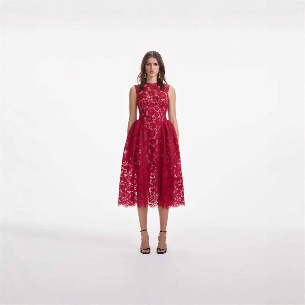 夏季时尚重工钉珠气质优雅蕾丝连衣裙圆领无袖高腰长裙A字裙单件