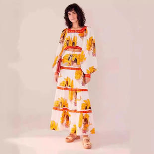 套装 新款 上衣配收腰长裙印花时尚 方领灯笼袖 欧美外贸跨境2024春季