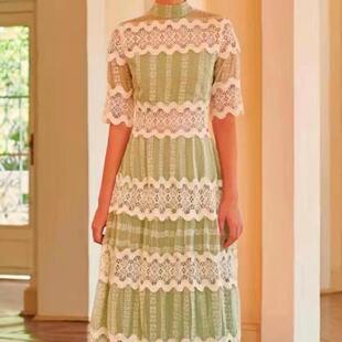 连衣裙女A字裙涤纶 蕾丝镂空长款 欧美外贸跨境2023秋季 立领短袖