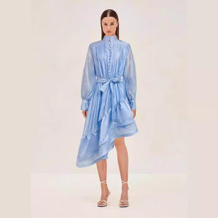 腰带收腰长款 新款 个性 立领灯笼袖 连衣裙涤纶 欧美外贸跨境2024夏季