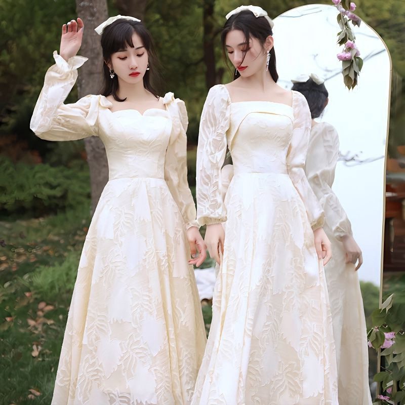 伴娘服长袖秋季香槟色新款春季平时可穿姐妹团礼服裙女简约