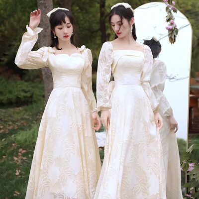 香槟色长袖伴娘服礼服裙