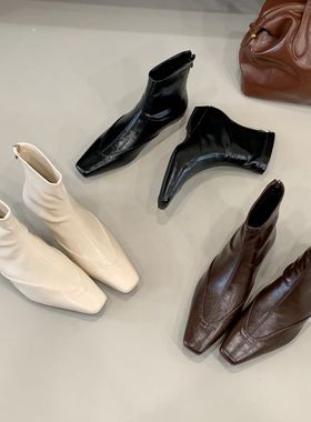 DASU法式气质白色瘦瘦靴女鞋2025年秋冬新款方头时装靴坡跟女短靴