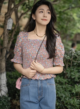 G家女装专柜正品法式方领泡泡袖碎花短款衬衫1300995-2A49164-001