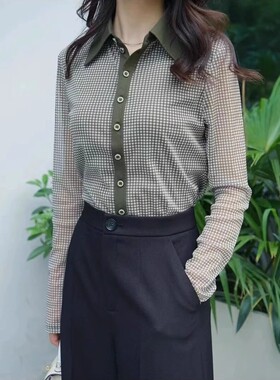A家女装专柜正品2024复古格子修身长袖衬衫1300915-1K13039-001