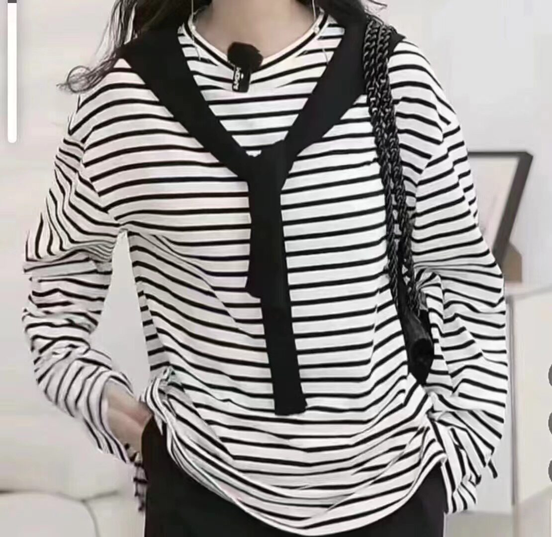 A家女装专柜正品2024春新款条纹圆领长袖T恤5301090-4P12471-001