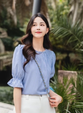 [商场同款]2025新款圆领显瘦条纹泡泡袖衬衫130058-1P23662 2025