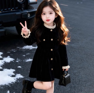 女童赫本风加绒丝绒连衣裙2025冬季新款女孩高级感小黑裙公主裙子