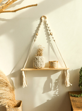 波米西亚手工编织流苏木珠花盆置物架 简约民宿客厅家居墙壁挂件