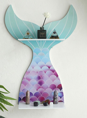 波西米亚木质镂空美人鱼样式水晶墙壁置物架简约家居卧室装饰