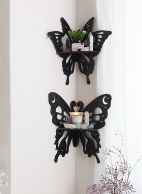 跨境新款黑色木质镂空蝴蝶水晶收纳置物架 简约民宿家居墙壁装饰