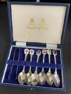 Mappin&Webb 英国珐琅城市徽章纪念咖啡勺带一个冰块夹镀银*531
