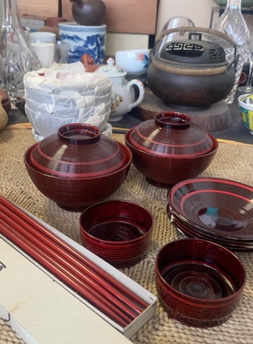 日本 漆器 红色 盖碗 筷子 茶托 酒杯