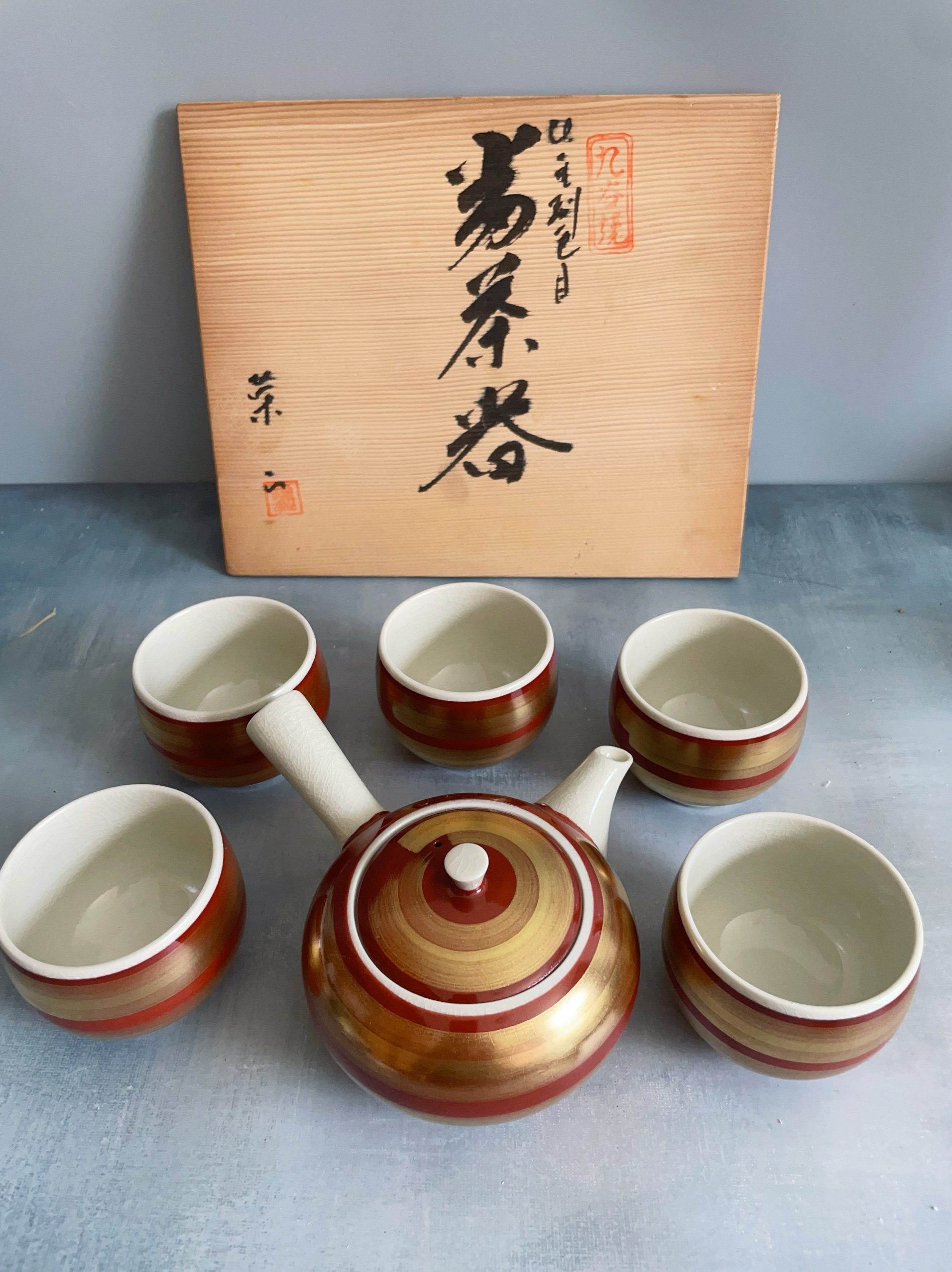 日本 九谷烧 荣山造 整套茶具 一壶五杯 侧把壶 茶杯 da-a-59