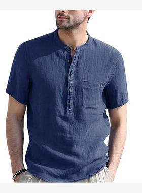 shirts for men polo shirts tshirt亨利领纯色短袖衬衫棉麻衬衣