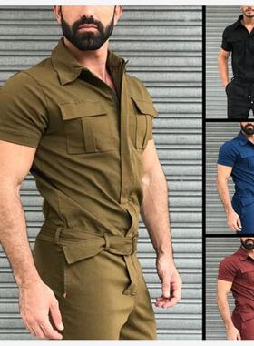 jumpsuits men overalls 跨境连体套装男 束腰带制服工装连体裤