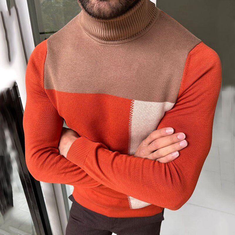 外贸男装2022高领针织打底衫撞色毛衣男冬季长袖上衣Men knitwear