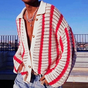 Men's knitted sweater 欧美时尚镂空针织衫百搭条纹开衫毛衣男