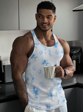 Camouflage vest for men 欧美男竖条纹健身运动修身扎染工字背心