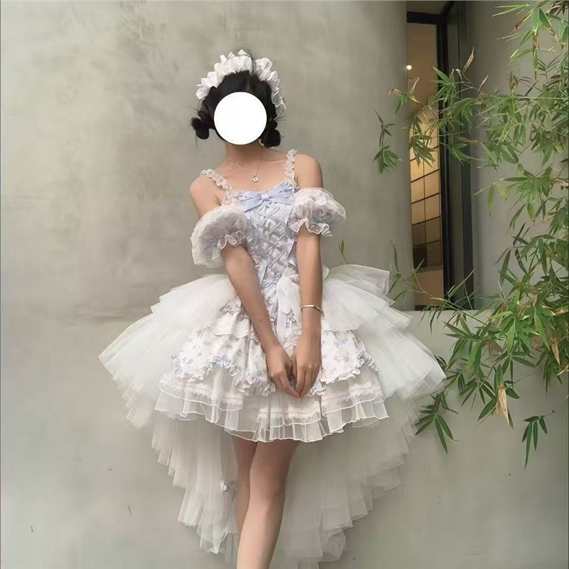 雀之羽Lolita拖尾一片式系带花嫁衬裙OP长款拖尾百搭jsk 单罩纱