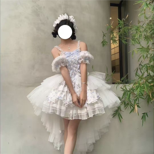 雀之羽Lolita拖尾一片式系带花嫁衬裙OP长款拖尾百搭jsk 单罩纱