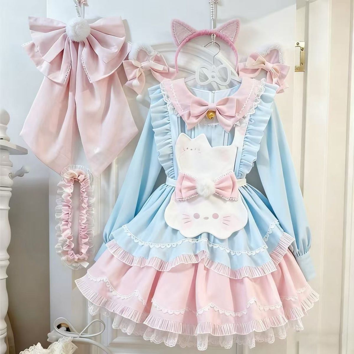 甜茶少女甜美可爱软萌Lolita洛丽塔连衣裙蝴蝶结小猫围裙两件套女