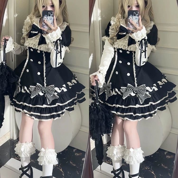 条纹千层Lolita连衣裙OP蛋糕裙可爱胡蝴蝶结甜美公主洛丽塔春秋