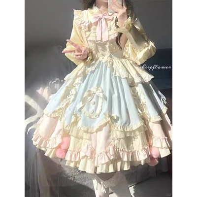 蓝粉可爱甜美洋气lolita长袖连衣裙OP蓬蓬在逃公主裙洛丽塔秋冬款