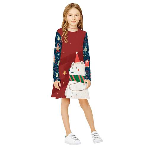 snowman christmas print girls long sleeve round neck dress