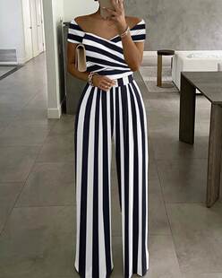 Shoulder Off Wide Leg Striped Jumpsuit条纹阔腿连体裤 Print