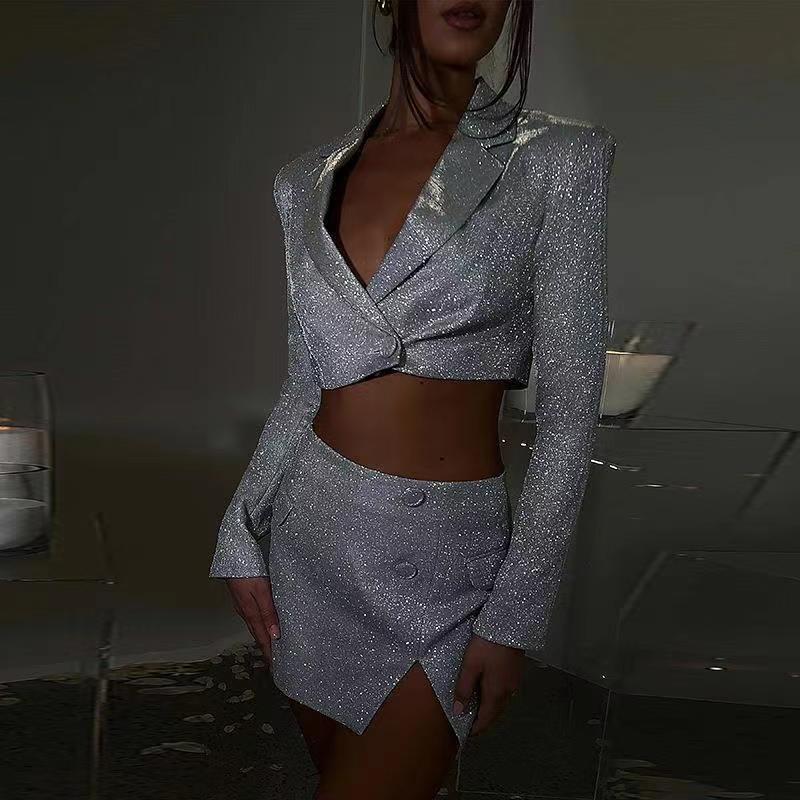 欧美时尚性感亮丝西服上衣短裙套装Short suit top and skirt set