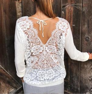 黑色圆领性感后背镂空蕾丝拼接系带长袖 欧美时尚 T恤shirt 新款 春季