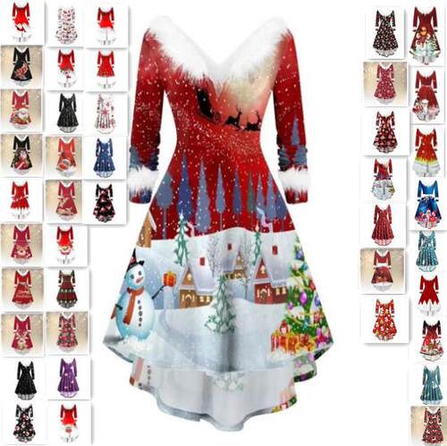 Deep V-Neck Splice High Waist Christmas Irregular Dress裙子