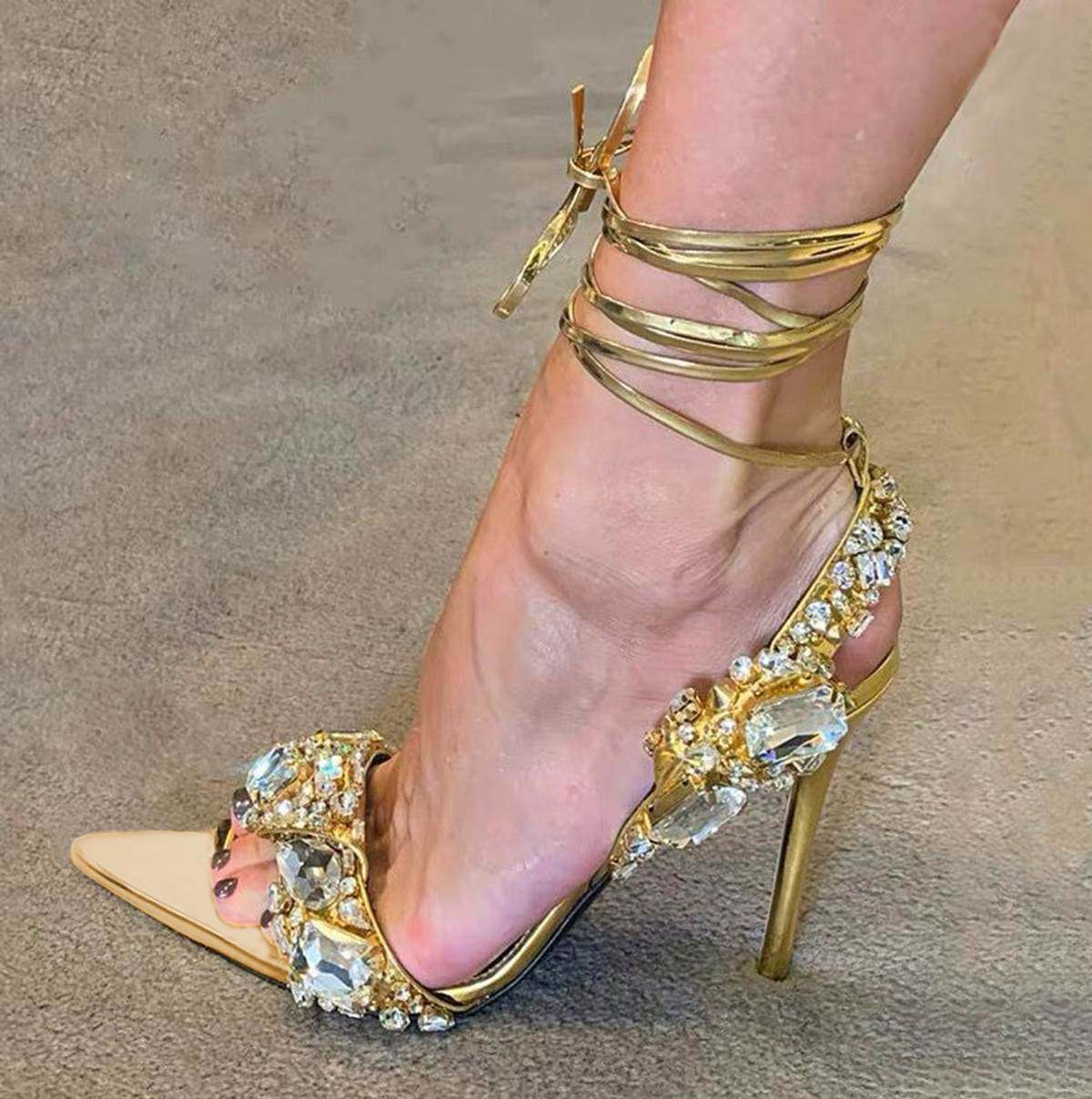 新款水钻一字尖头绑带超高跟大码欧美网红凉鞋女 Women Sandals