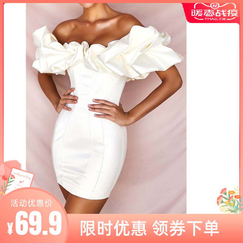 Dress2019夏季新款模特性感纯色派对酒会气质一字肩短裙连衣裙女