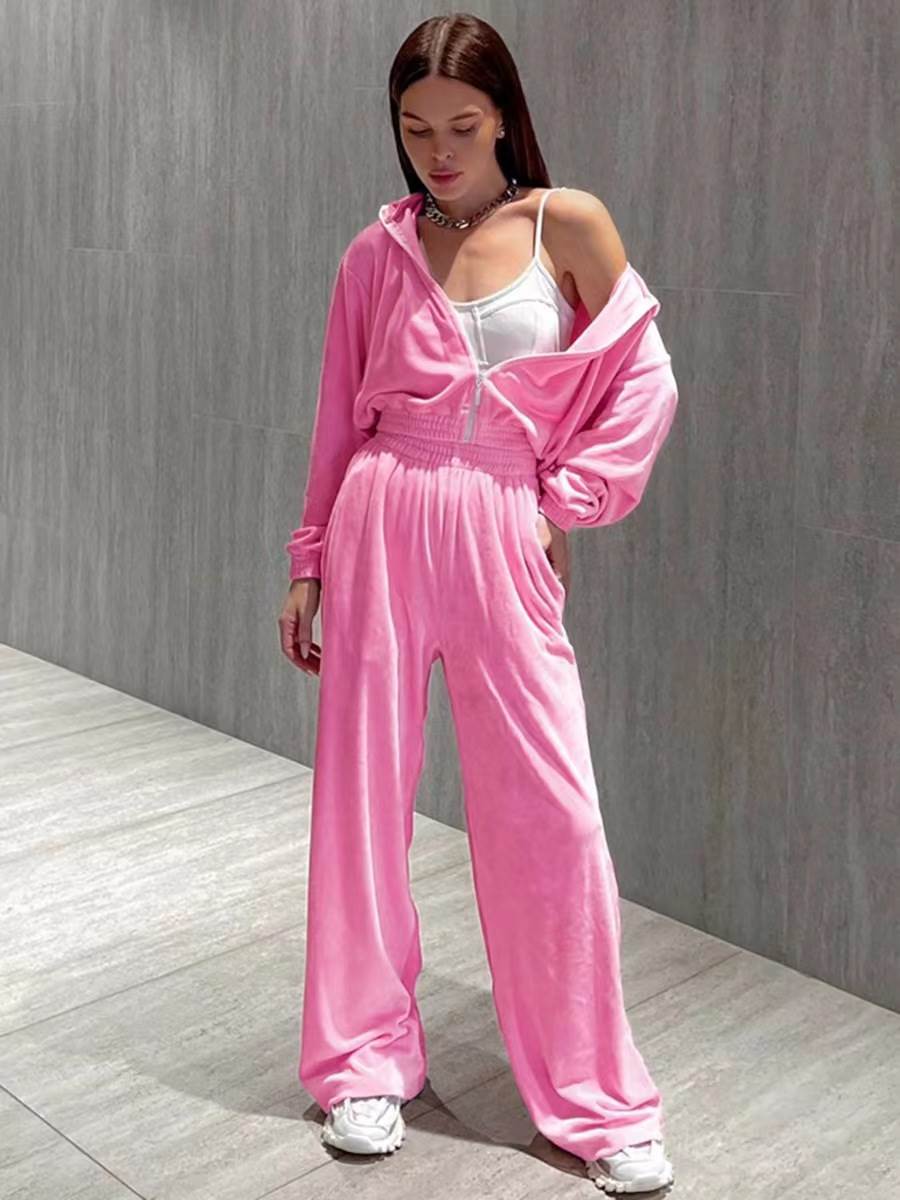 欧美风新款时尚丝绒卫衣休闲阔脚裤套装 Top wide leg pants suit