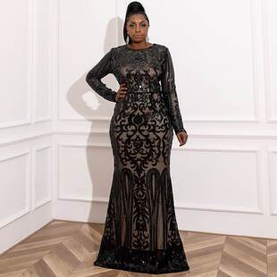 Women Sequin Party Dresses Maxi Sleeve Dress Size Plus Long