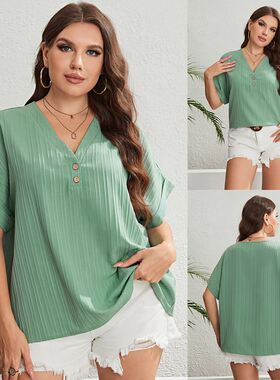 PLUS SIZE WOMEN SHIRTS SUMMER夏季绿色V领清新时尚大码女式上衣