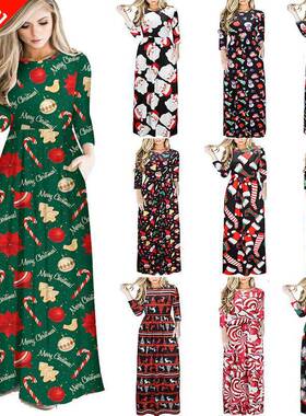 2019ebay新品万圣节长裙女装欧美秋冬圣诞印花胖大码修身连衣裙子