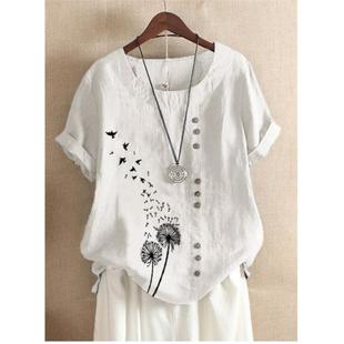 休闲衬衣女 复古棉麻印花宽松短袖 202夏季 1亚马逊速卖通wish爆款