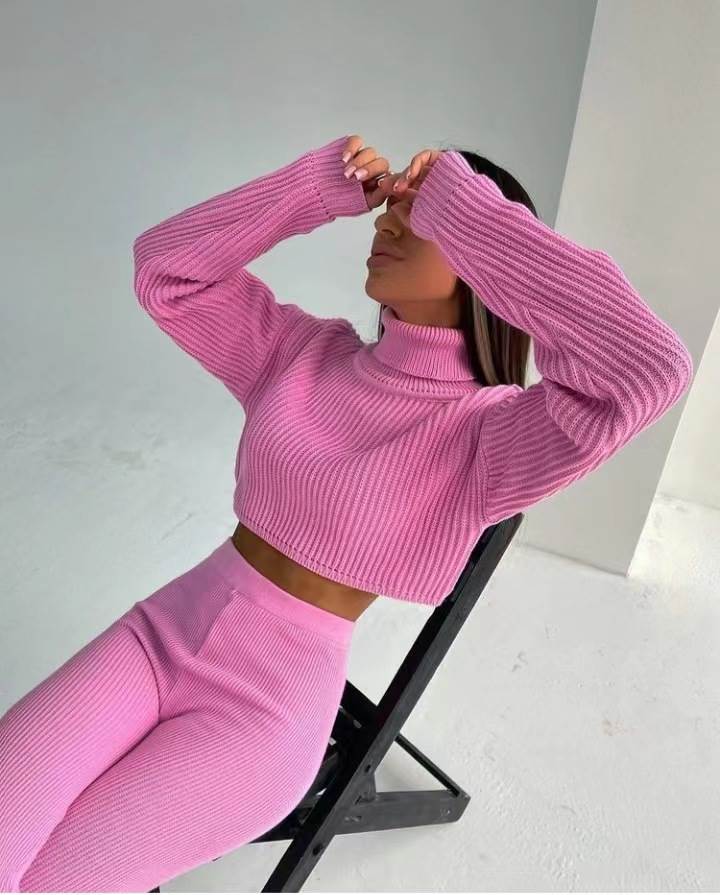欧美风新款纯色高领长袖毛衣高腰毛裤两件套 Sweater pants suit