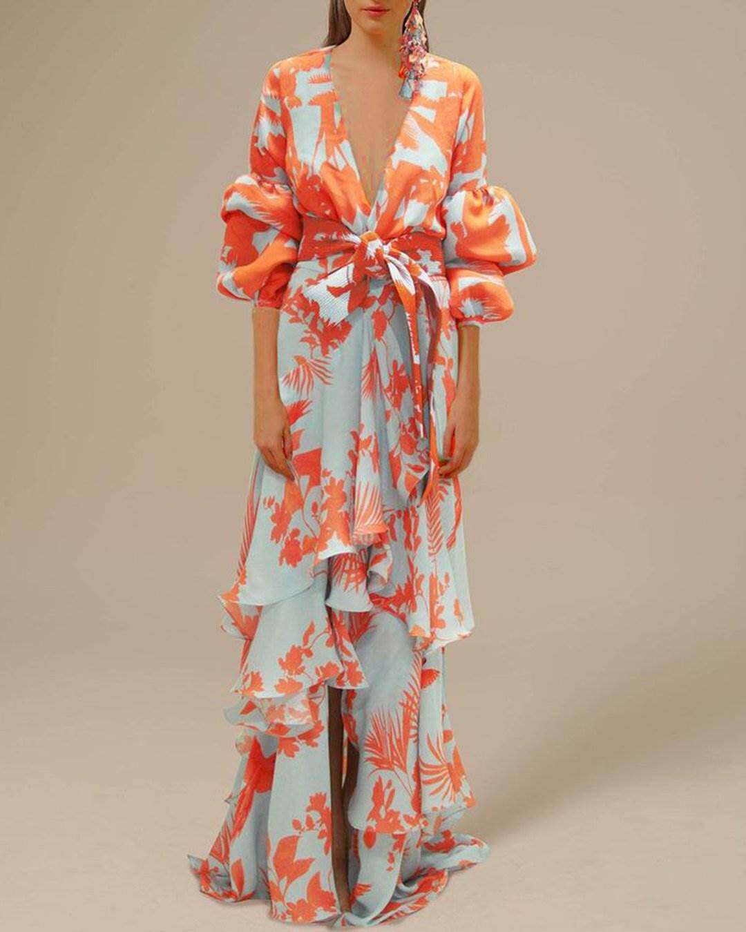 印花度假连衣裙深V领不规则波西米亚长裙女Holiday print dress
