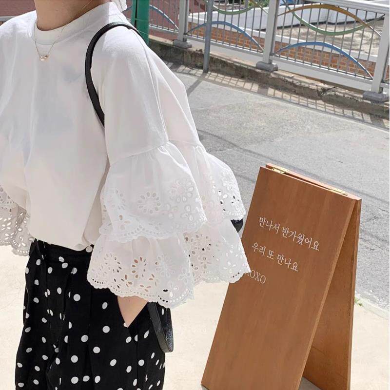 小个子日系外单春夏季新款刺绣条纹拼接女韩版蕾丝T恤棉宽松大版